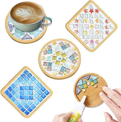 Picture of A WATHFKCU 4 Sets DIY Glass Mosaic Tiles for Crafts,Mixed Color Mosaic Kits with Wooden Coaster for Adults,Mosaic Crafts Materials Package for Coaster Handmade Home Decor Gifts